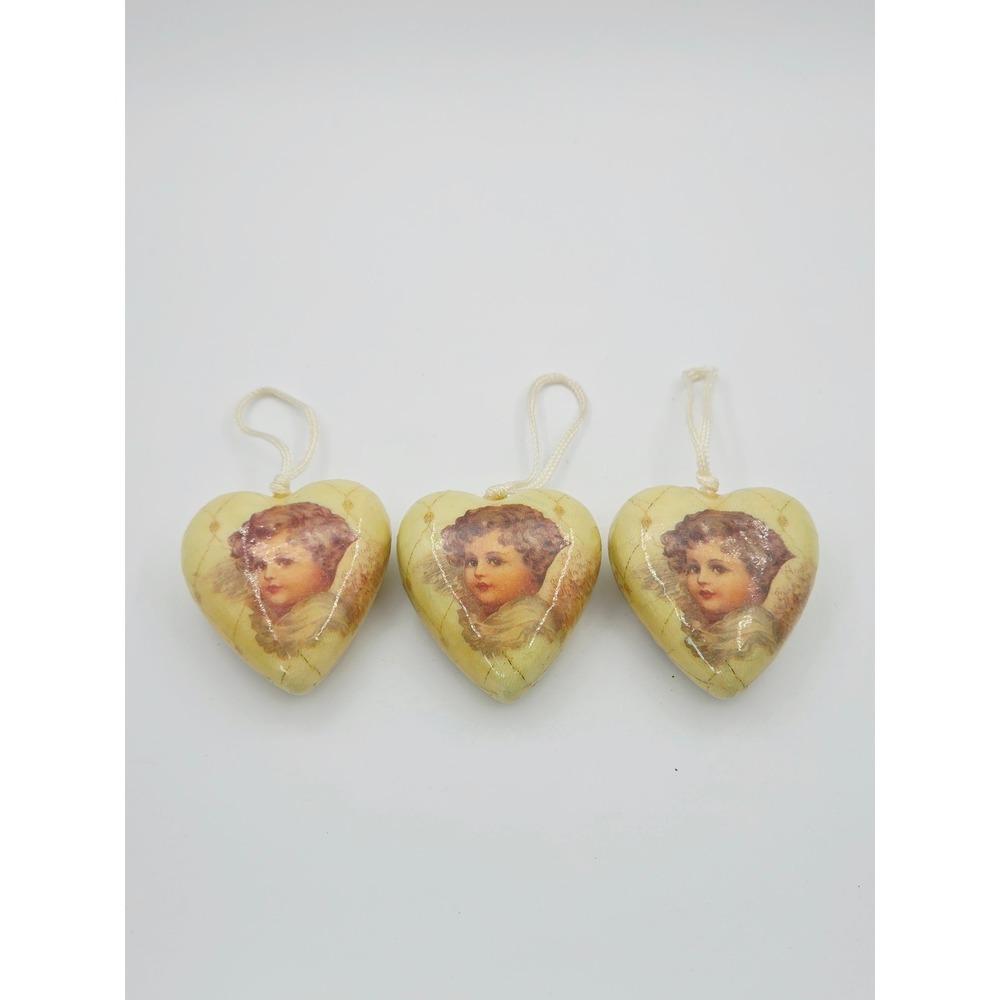 Vtg Midwest Christmas Ornaments 3 Angel Cherubs Hearts Decoupage Victorian Look